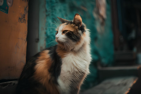 Tricolor cat on the street. Portrait of a beautiful cat.の素材
