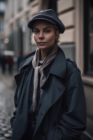 Portrait of a beautiful young woman in a hat and coat on the streetの素材