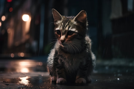Cute cat sitting on the wet street at night with rain.の素材