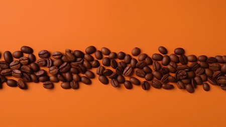 Coffee beans on orange background. Top view with copy spaceの素材