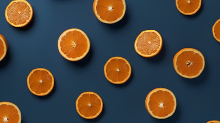 Seamless pattern with oranges on blue background. Flat lay, top viewの素材
