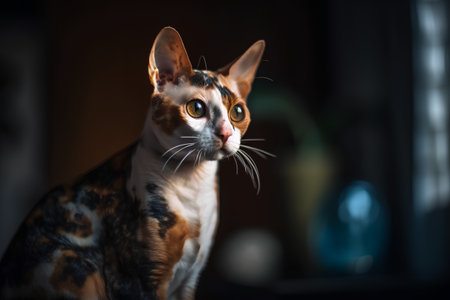 Portrait of a cute bengal cat on a dark backgroundの素材