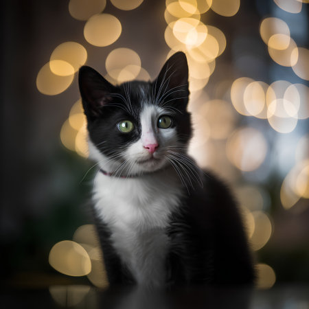 Black and white cat sitting in front of bokeh lights.の素材