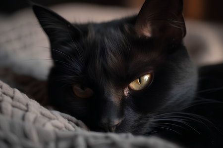 Portrait of a black cat with yellow eyes lying on the bedの素材
