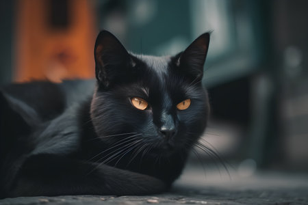 Black cat with orange eyes lying on the street in Istanbul, Turkeyの素材