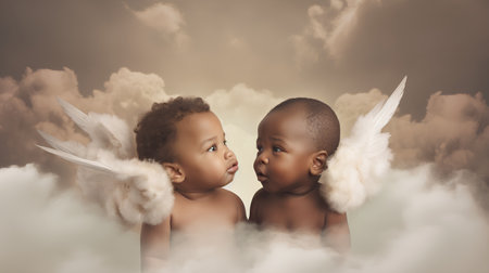 African American boy and girl with angel wings looking at each other in the cloudsの素材