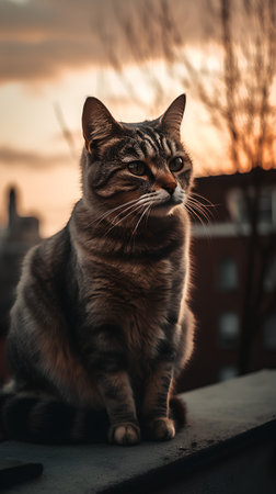 Cute tabby cat sitting on the roof and looking at the sunsetの素材