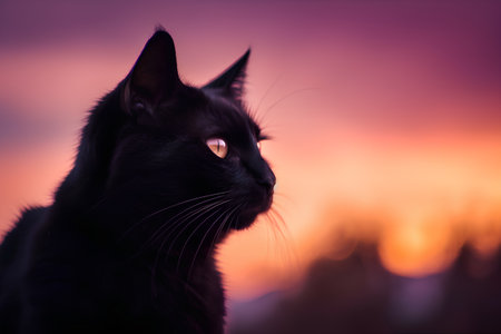 Black cat portrait on a background of sunset. Shallow depth of field.の素材