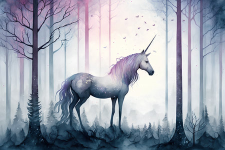 Unicorn in the forest. Fantasy illustration. Digital painting.の素材