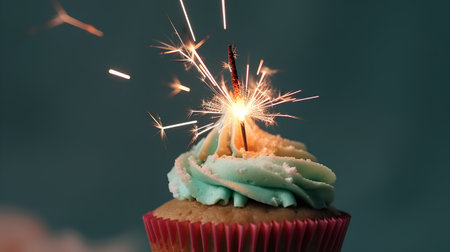 Birthday cupcake with sparkler on blue background, closeupの素材