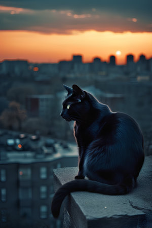 Black cat sitting on the roof of a building and watching the sunsetの素材