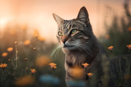 Portrait of a tabby cat on a meadow at sunsetの素材