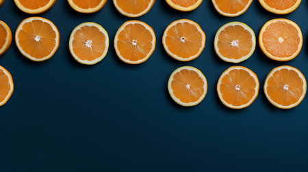 Slices of orange on blue background. Flat lay, top viewの素材