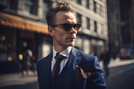 Handsome young man in elegant suit and sunglasses on the streetの素材