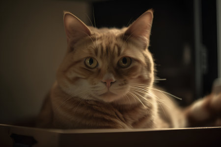 ginger cat in a box looking at the camera close-upの素材