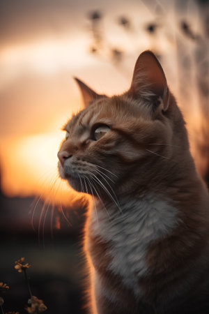 Portrait of a red cat on a sunset background. The cat looks at the camera.の素材