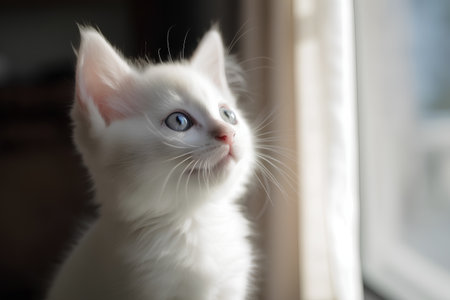 White kitten with blue eyes looking out the window. Selective focus.の素材