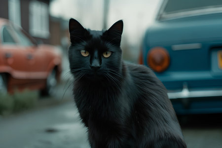 Black cat with yellow eyes on the background of an old blue carの素材