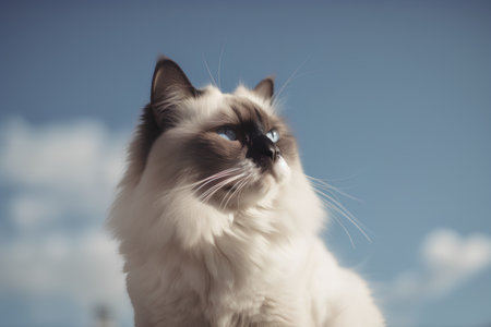 Beautiful cat with blue eyes on a background of blue sky.の素材