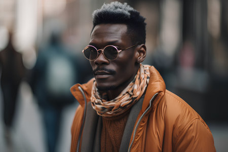 Handsome african american man in sunglasses and scarf on the street.の素材