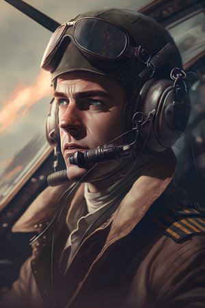 Portrait of a pilot in the cockpit of an airplane. Close-up.の素材