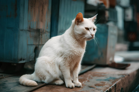 White cat sitting on the ground in the old town. Selective focus.の素材