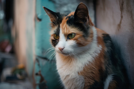 Beautiful tricolor cat sitting on the street. Selective focus.の素材