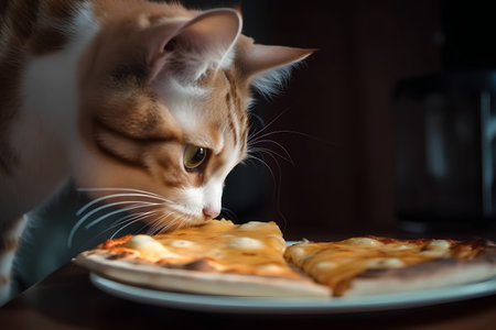 Cute cat eating pizza at the table. Shallow depth of fieldの素材