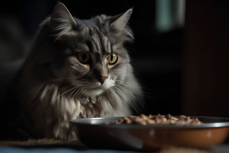 Persian cat eating food from a bowl at home. Selective focus.の素材