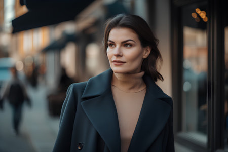 beautiful young woman in a black coat walks in the city.の素材
