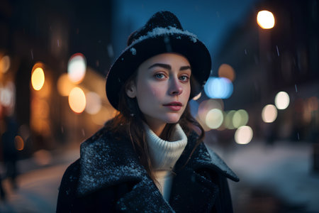 Beautiful young woman in winter coat and hat in the city at nightの素材
