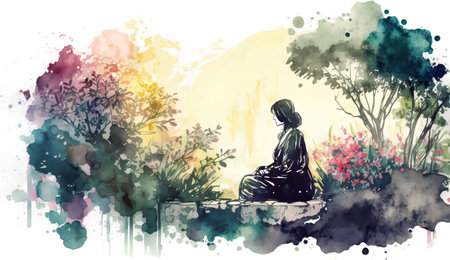 Illustration of a woman sitting in the park. Watercolor painting.の素材