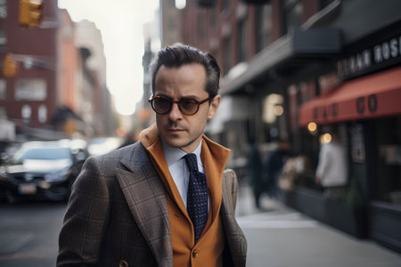Handsome man in a fashionable orange coat and sunglasses in an urban settingの素材