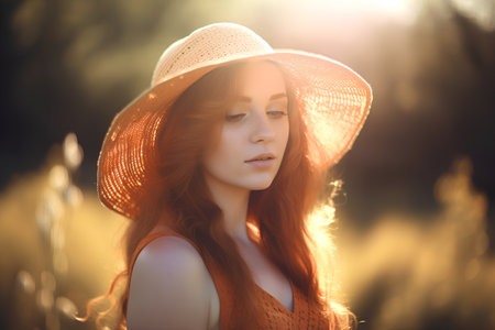 Beautiful redhead girl in a straw hat on the field at sunset.の素材
