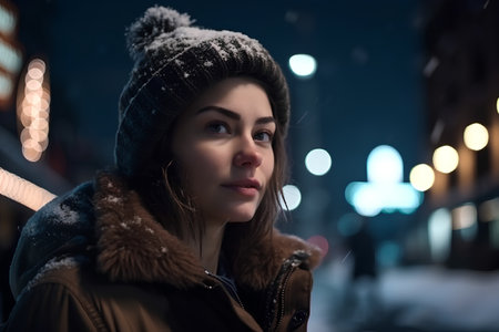 Beautiful young woman in winter city at night, looking at cameraの素材