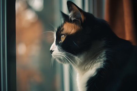 Portrait of a beautiful black and white cat looking out the windowの素材