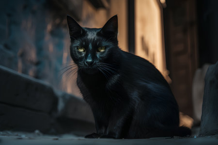 Black cat sitting on the floor in a dark room. Shallow depth of field.の素材