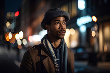 Photo pour Portrait of a handsome african american man in a beret and coat on a city street at night. - image libre de droit