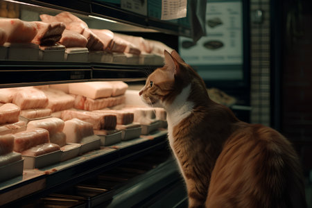 Domestic cat looking at meat in butcherÃ¢â¬â¢s shopの素材
