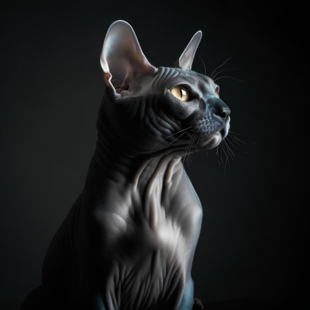 Portrait of a gray sphynx cat on black backgroundの素材