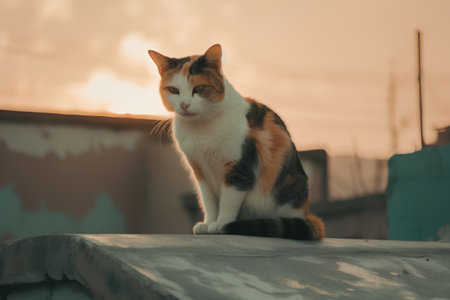 Beautiful cat sitting on the roof at sunset. Selective focus.の素材