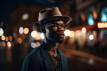 Handsome african american man in hat and coat at nightの素材