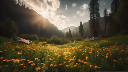 Mountain meadow with dandelions and pine trees at sunsetの素材