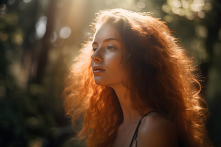 Portrait of a beautiful young woman with red hair in the forestの素材