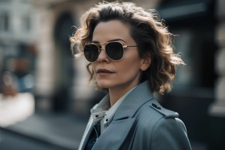 Portrait of a beautiful woman in a coat and sunglasses on the streetの素材
