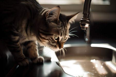 Cat drinking water from a tap in the kitchen. Selective focus.の素材