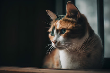 Portrait of a red cat with green eyes in the window.の素材