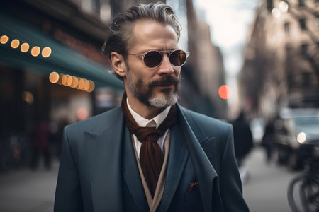 Handsome middle-aged man in elegant suit and sunglasses walking in the cityの素材