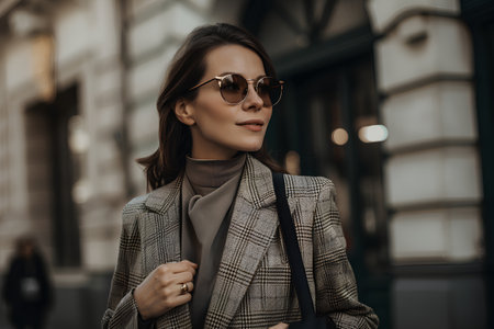 Stylish young woman in coat and sunglasses walking in the city.の素材