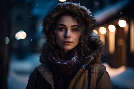 Portrait of a beautiful young woman in winter coat at night.の素材